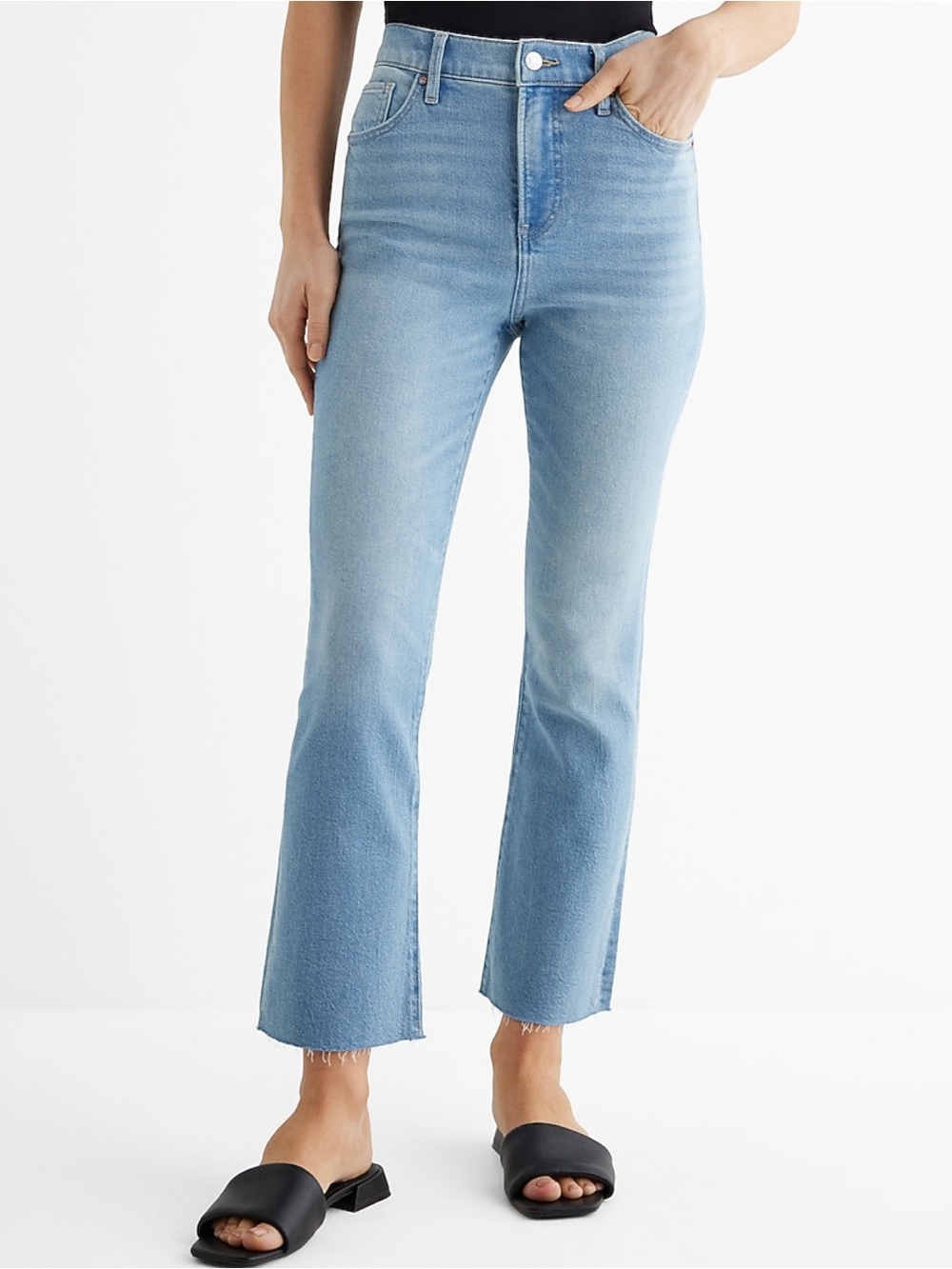 Express High Waisted Light Wash Raw Hem Cropped Flare Jeans - 12 Long